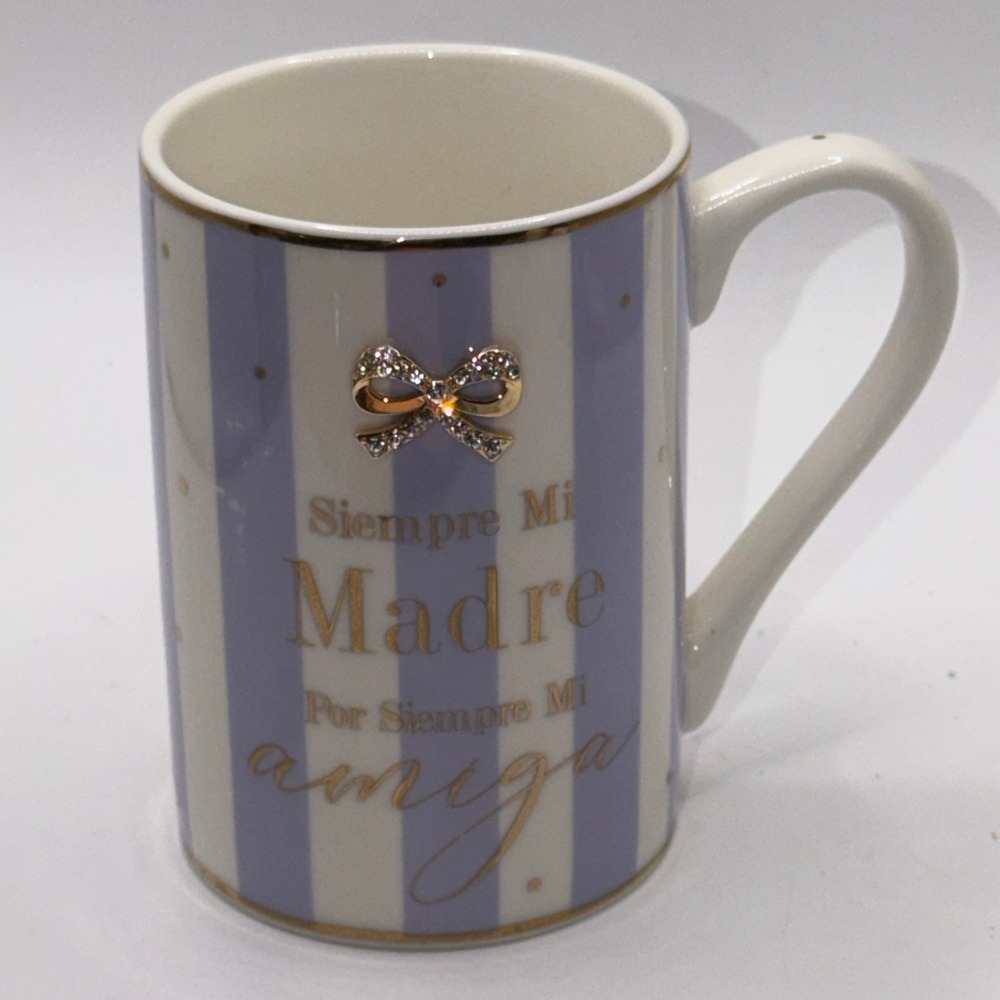NEW Mad Dots Siempre Mi Madre Fine China Mug Lavender Gold Bow Mother Gift